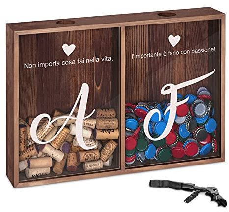 Maverton Raccogli tappi di sughero o birra - con stampa personalizzata - con due scomparti - cavatappi con un coltellino - scatola porta tappi - regali per coppia - cuori