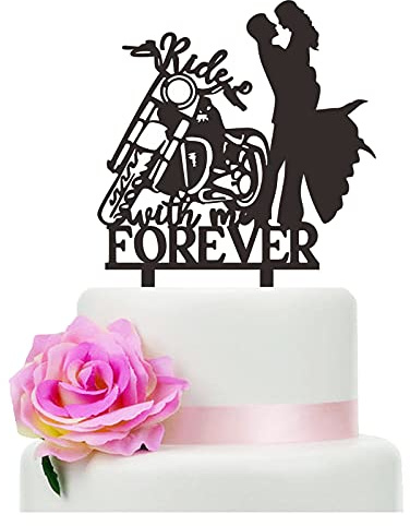 YzYbuaego Motorcycle Wedding Cake Topper, Bride and Groom with Motorcycle, White/Ivory, 1 count, Wedding, Anniversary, Bridal Shower