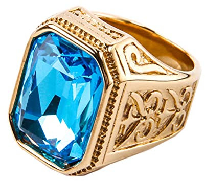 PAURO Herren Edelstahl Jahrgang Hochzeit Versprechen Zirkonia Ring mit Großem Stein Gold Blauer See Größe 60 (19.1)