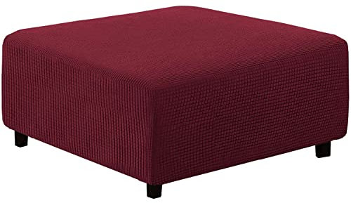 qiden Quadratischer Hockerbezug Stretch-Ottomanenbezug Plüsch, 10% Dicker großer Stretch-Hockerbezug Anti-Rutsch-Fußhocker Schonbezüge mit elastischer Unterseite-Rotwein-M