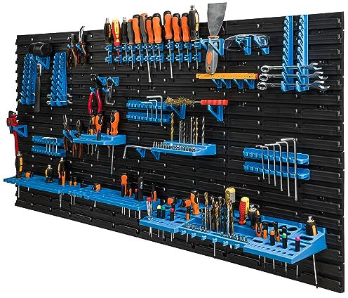 botle Parete portautensili, 154 x 78 cm, portautensili in plastica per garage o officina, da parete, colore blu, pannelli porta attrezzi da muro officina, impilabili, appendi cacciaviti x officina
