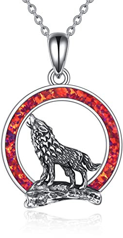 YFN Wolf Anhänger Halskette 925 Sterling Silber mit Mond Halskette Wolf Schmuck für Herren Damen (Red-Wolf Halskette mit rotem Opal)