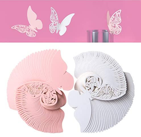 Kesote 100 Pcs Marque Place Bapteme en Kraft, Carte de Verre Papillon, Porte Nom Table, Deco pour Bapteme Fille, Communion, Marriage, Anniversaire, Fête, Noel, Cadeaux (blanc et rose)