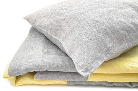 JOWOLLINA Natur Leinen Bettwäsche-Set Soft Washed Finish „Stripe“ 200 g/m2 (Grau/Gelb Melange, 135×200 cm, 80×80 cm)