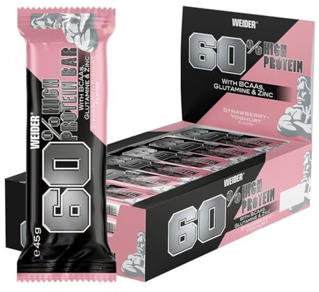 Weider 60% Proteinriegel - Hochproteinhaltiger Riegel mit 27g Protein, wenig Zucker, BCAAs & Zink - Ideal für Muskelwachstum - 24er Pack - Strawberry