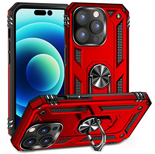 Fetrim Custodia per iPhone 14 Pro, Cover PC TPU Cassa Shell Supporto di Anello Rotante Case per Apple iPhone 14 Pro Rosso