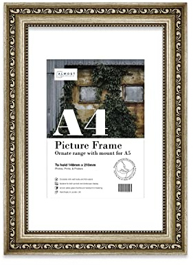 Almost Frameless A4 Champaign Ornate Picture Frame With White Mount for A5 (14.8 x 21cm - 5.8 x 8.3in) Poster, Photo, Artwork, or Print. Baroque Style Portrait and Landscape Display with Wall Hooks