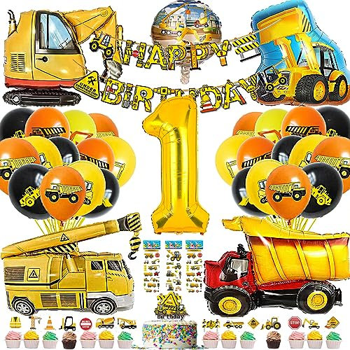 YHBXAMZ Bagger Deko Kindergeburtstag 1, Baustellen Geburtstagdeko Junge 1, Party Deko Luftballon, 4 Baufahrzeug Folienballon, Geburtstagsfeier Luftballons