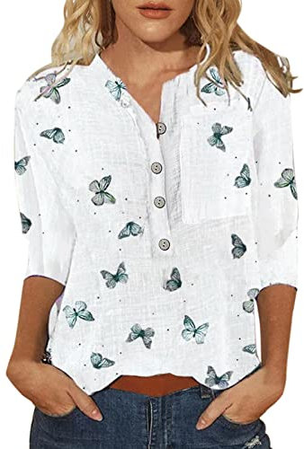 T Shirt Damen 3/4 arm - Sommer Bluse Oberteile mit Knöpfen Aufdruck V Ausschnitt Kurzarm Hemd Elegant Vintage Blusenshirt Tunika Tops Stylisches Modern Casual Arbeits Blusen & Tuniken für Frauen