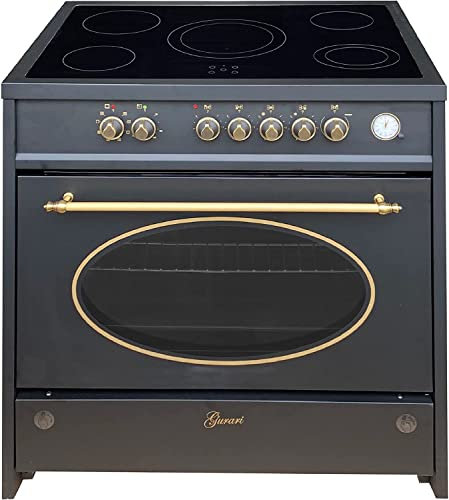 GURARI Stufa a gas 912 Bl Retro, retrò a gas elettrico 90 cm/Nostalgie Range Coocker / 121L / 8 funzioni/aria calda / 5 bruciatori di alta qualità/gas naturale/gas propano