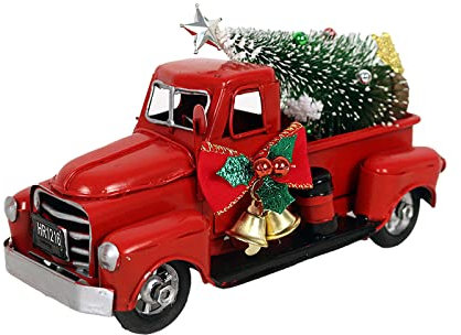Belupai Roter Weihnachts-LKW, Weihnachtsdekoration Mit Schneebedecktem Weihnachtsbaum, Vintage-Bauernhaus-Pickup für Weihnachtsdekorationen auf Dem Tisch