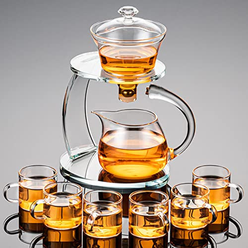 MOZEO Théière en verre semi-automatique rotative avec infuseur, théière Kungfu résistante à la chaleur (théière avec 6 tasses)