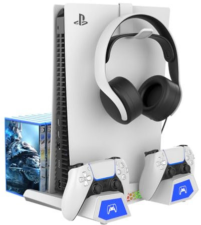 Soporte de refrigeración Vertical para PS5 Slim, Base de Carga de Doble Mando, Base de disipación de Calor con Colgador de Auriculares y Soporte de Almacenamiento de Discos