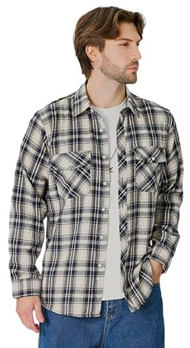 Iris Sprite Chemises à Carreaux pour Hommes Chemise à Carreaux en Flanelle Chemise décontractée à Carreaux Casual Manches Longues avec Poches(M505-Marine Bleu Beige, S)