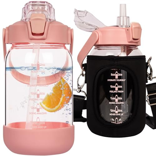 Seekua 1l Glasflasche | Trinkflasche Glas mit Strohhalm & Zeitmarkierung, Auslaufsicher 1 liter Große Wasserflasche Glas für Smoothie, Kohlensäure Geeignet, Spülmaschinenfest