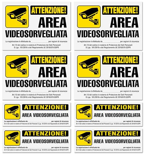 8 Adesivi Misti cm 15x10 + 15x5 Videosorveglianza | Cartelli Area Videosorvegliata | Alta Resistenza all'Esterno | 8 Pezzi Adesivi