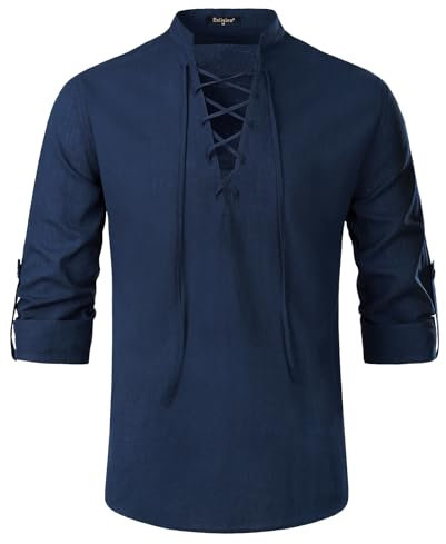 Enlision Mens Cotton Linen Shirt Lace Up Shirt Casual Long Sleeve Medieval Vintage Costume for Cosplay Viking Pirate Navy Blue L