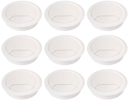 Lot de 9 passe-câbles de 60 mm de diamètre pour bureaux, bureaux et plans de travail (plastique blanc)