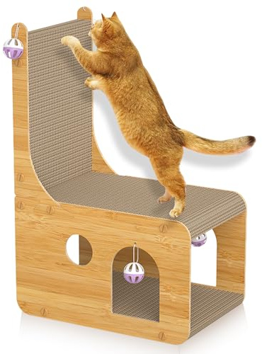 AEESRRU WellpappeKatzenhöhle, Indoor Katzenbett,Sommer Lförmige Kratzpappe,Gewelltes 2-lagiges Katzenkratzbrett,Gewelltes,einschließlich Spiel Fangbälle,65x40x23cm(mz-01)