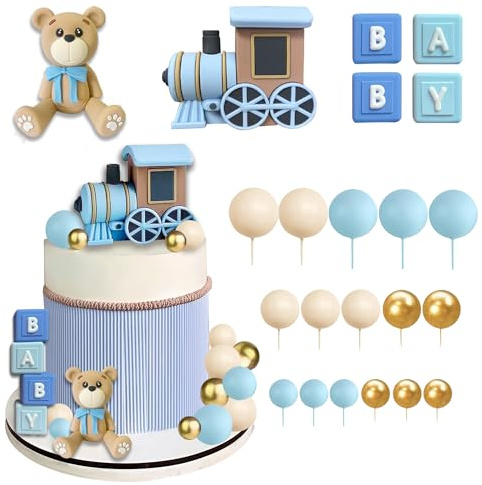 HAVAGDTM Bear Cake Toppers, 22pcs Set: 1 Bear, 16 Balls, 4 BABY Letters, 1 Train - Clay & Foam Decorations for Baby Shower, Birthday, Gender Reveal Parties