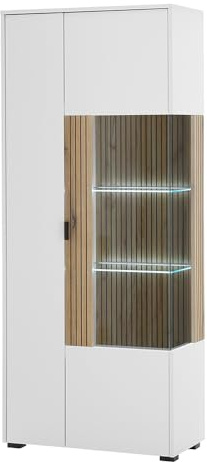 Lomadox Vitrinenschrank Vitrine Standvitrine Glasvitrine Glastür weiß matt mit Eiche gerillt Rillen modern 75x180x38 cm