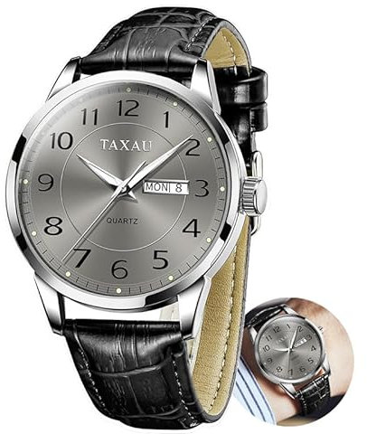 Taxau Uhren für Herren Mode Lederuhren Graues Zifferblatt mit Datum Klassische Business Männer Uhren Wasserdicht leuchtendes Kleid Analoge Quarz Armbanduhren Relojes para Hombres