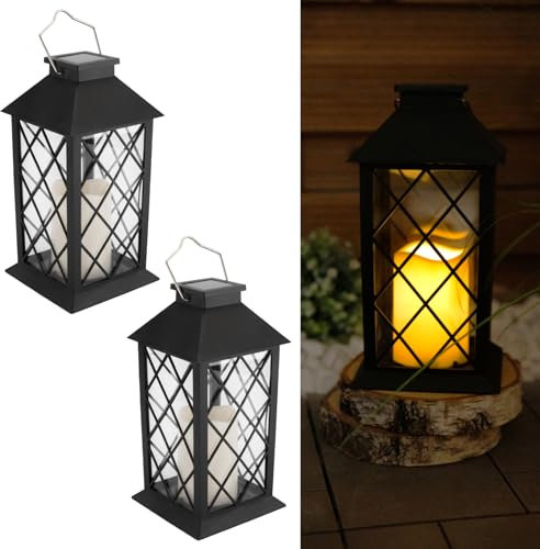 Lumiled 2x Set Solarlaterne Außen Solar Laternen Draußen LED Glas Laterne Solarleuchte Kerze Flammeneffekte Kerzenlaterne IP44 Vintage schwarz Hängend Dekorative Außenleuchte Gartenlampe