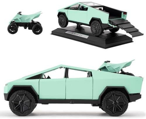 TGRCM-CZ 1/32 Tesla Cybertruck Elektrisches Pick-Up LKW Modell Auto Mit einem Motorrad, Zink Legierung Pull Back Spielzeugauto mit Ton und Licht für Kinder Jungen Mädchen Geschenk (Grün)