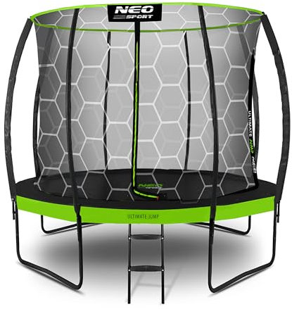 Neo-Sport Trampolin Outdoor Kinder Gartentrampolin Sicherheitsnetz Innen Leiter Gepolsterte Stangen Wetterfest Rostfrei Belastbar bis 100 kg Grün Schwarz 252 cm