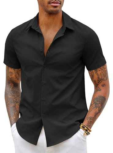 COOFANDY Men's Short Sleeve Shirts Stretch Dress Shirts No Iron Summer Shirt Casual Shirts Business Shirts No Iron Formal Shirts Button Up Office Shirts Slim Fit Work Shirts Black S