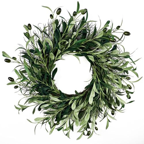 Olive Wreath for Front Door, 20 Inch Artificial Olive Leaf Wreath, Plastic Bay Leaf Wreath, Portable Greenery Wreath