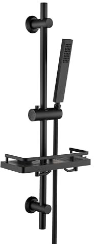 Görbach Conjunto de ducha con Estante Ducha, Columna Ducha sin Grifo con Teleducha y Manguera, Acero inoxidable Barra de Ducha 70cm con Deslizador y Soporte de Pared Ajustable, Negro mate