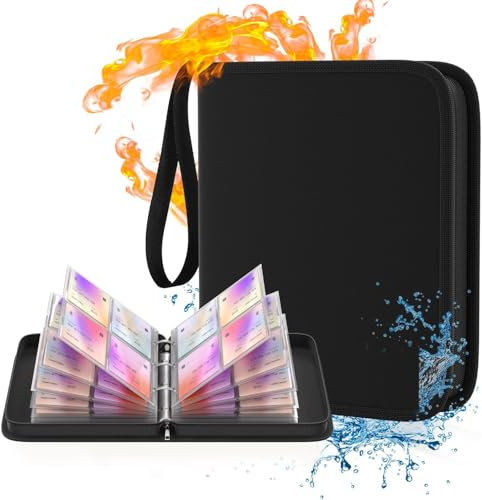 Feuerfeste Ringordner,Ringbuch A5,3-Ring-Mechanik, Sammelalbum Karten,Album für Sammelkarten,50 Seiten 400 Karten Kapazität Sammelkarten Album,Reißverschluss Binder,Karten Binder