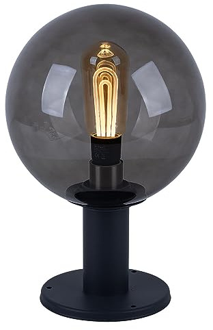 Wegeleuchte Außen anthrazit Sockelleuchte Gartenlampe rauchfarben, IP44 Spritzwasserfest, Glaskugel Rauchoptik, 1x E27 Fassung, DxH 25x38 cm