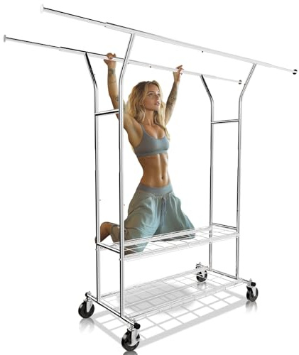 FAHKNS Heavy Duty Clothes Rack, Rolling Clothing Rack with Thicken Pulley Load 600 Lbs Double Rod for Hanging Clothes, Portable & Adjustable Garment Rack with Double Shelf