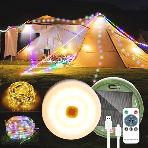 Brillistep Outdoor Solar Camping Light, 20m 200 LED RGBW Retractable String Lights, IP65 Waterproof, 10 Lighting Modes + 3 Brightness Levels, For Camping, Tents, Outdoor, Special Events