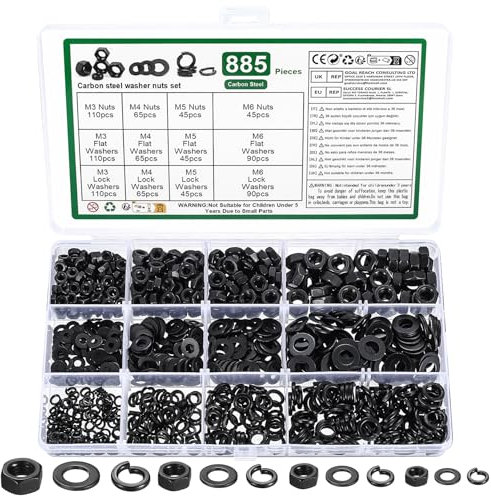 885 STK M3 M4 M5 M6 Sechskantmuttern Set & Flache Unterlegscheiben Sicherungsscheiben Sortiment & Federringe Set: 310 Beilagscheiben, 310 Federscheiben, 265 Selbstsichernde Muttern für Schrauben