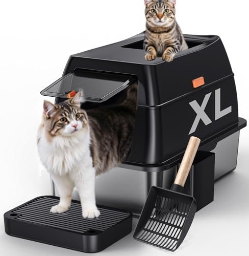 Gimars Lettiera per gatti in acciaio inossidabile con coperchio, lettiera in metallo rimovibile con recinzione a lati alti e paletta, nera, B
