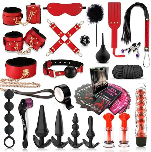 BDSM Adult Toys Bondage Restraints，Couples Sex Toys with Anal Toys and Adjustable Handcuffs Collar Ankle Cuff Blindfold Feather Tickler
