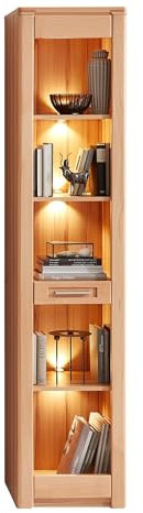 möbelando Regal >Nature One< in Kernbuche Teil-massiv FSC-Zertifiziert - Modernes Standregal mit LED-Beleuchtung und viel Stauraum, Schublade, 43 x 203 x 40 cm (B/H/T)