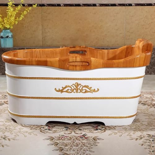 TT-YEC Vasca da Bagno di Lusso Europea in Rovere, Vasca Idromassaggio Interna, Vasca da Bagno Ovale in Legno con Panca, Valvola di Scarico, Vasca da Bagno Profonda Ispessita,L160cm