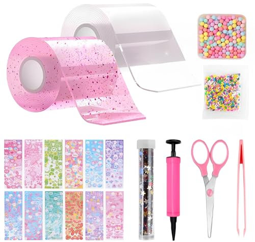 TFSZE 20 Stücke Nano Tape Bubbles Set,2 Tape(5cmx1m)+18 Stiftung Materialpakete,Super Elastische Nano Klebebänder für Stressabbau und Spaß,Elastische Blase Ballons(Transparente+Rosa)