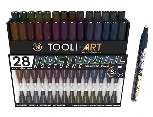 28 Dark Nocturnal Colors Acrylic Paint Pens Studio Color Series Marker Set 0.7mm Extra Fine Tip Rock Painting Glass Mugs, Wood, Metal, Canvas, DIY, Detailing, Non Toxic, Waterbased, Quick Drying