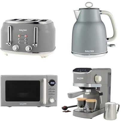 Salter Retro Grey Kitchen Set – 1.7L 3kW Kettle, 4-Slice Toaster, 20L Digital Microwave Oven with 25.5 cm Glass Turntable, Espresso Machine with Milk Frother, 20-Bar Pressure Pump, Single/Double Shot