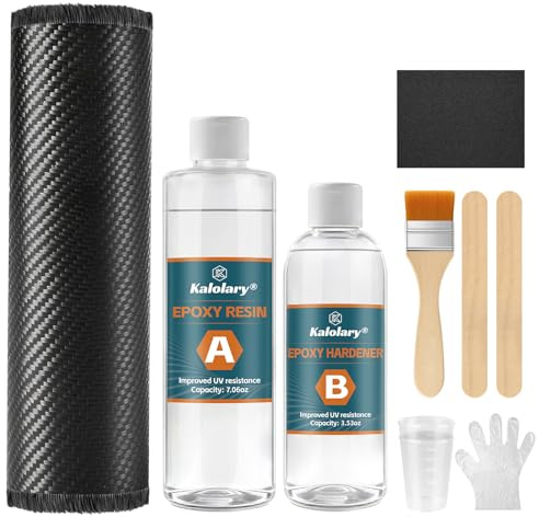 Kalolary 10PCS Carbon Komplett-Set, 1.5M Carbongewebe, 200g Epoxidharz, 100g Härter, Messbecher, Rührstäbe, Handschuhe, Schleifpapier, Pinsel für DIY-Reparaturen an Auto, Möbeln, Fahrrädern und Booten