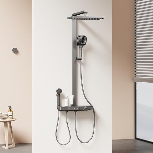 EMKE Regendusche mit Thermostat 36 × 24 cm, Duschsystem, Anthrazit | Filter, LED-Anzeige, Vorlauf-Kaltwasser, Kind Handbrause, 40 cm Glasablage, 4 Strahlarten, für Familienbadezimmer