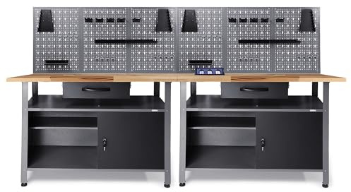 Ondis24 Werkstatt Set Klaus 240 cm – 2 Werkbänke, 6 Lochwände inkl. 22-TLG. Hakenset, Werkzeugschränke, Buchenholz-Arbeitsplatte, höhenverstellbar, versenkbare Steckdosenleiste