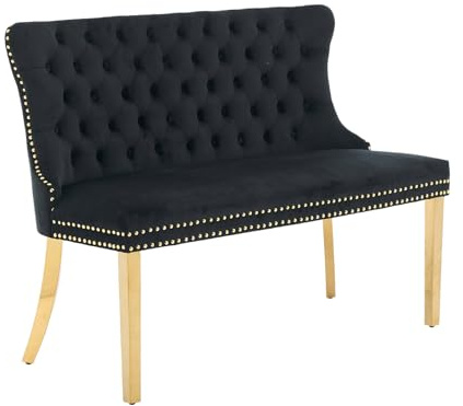 Shenyon Schwarze Samt-Esszimmerbank mit Rückenlehne, goldene Edelstahlbeine | Chesterfield-Stil; Knopfheftung; Ziernägel; 116 cm breit; 227 kg belastbar; für Esszimmer, Küche und Flur; einfache Montage