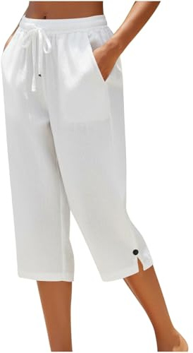 Ladies Cropped Trousers - Capri Pants for Women UK Petite Comfy Summer Three Quarter Length Trousers Stretchy Drawstring Waist Straight Leg Lounge Yoga Beach Capris Pants with Pockets