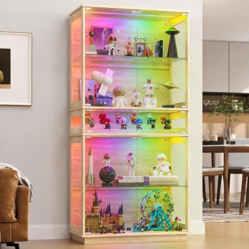 ZKIODV Glasvitrine mit RGB Beleuchtung, LED Vitrine mit Glastüren, 5-Lagen Glasvitrine Stehend, Sammlervitrine Holz mit Buntem Licht, Staubdicht Vitrine für Wohnzimmer Schlafzimmer, 165x80cm (Eiche)
